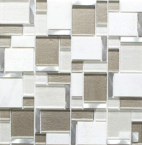 Mosaik Fliese Aluminium weiß hellbeige Glasmosaik Crystal für WAND BAD WC DUSCHE KÜCHE FLIESENSPIEGEL THEKENVERKLEIDUNG BADEWANNENVERKLEIDUNG Mosaikmatte Mosaikplatte