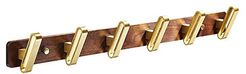 GLYYR Handtuchhaken Gebürstetes Gold Kleiderhaken Wandhaken Hakenleiste Walnuss + Aluminium Mantelhaken, Garderobenhaken für Küche, Büro, Bad, Schraube Installation,6 Hooks