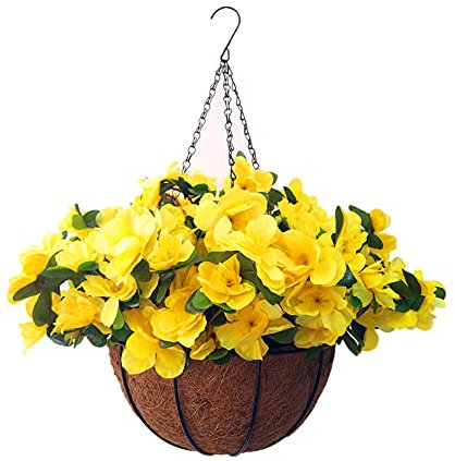 DIY gelbe Rhododendron künstliche Blumen Azaleen gefälschte Seidenblumen niedliche Kette Hängekorb mit Blumentopf drinnen und draußen Garten Balkon (mittelgroßer Korb)