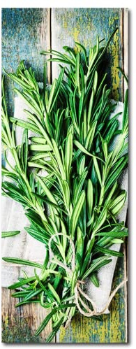 STYLER Glasbild Rosmarin 30 x 80 cm | Wandbild | Küchenbild aus Glas | Rosmarin Holz Holzoptik Shabby Grün | Kräutergarten Kräuter | Küche Wohnen Garten Frühling Wanddeko vintage