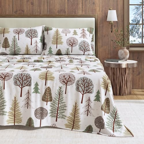 Great Bay Home Queen Lodge Flannel Sheet Set, 4 Piece, Turkish Cotton, Deep Pocket, Soft Winter Sheets, Warm, Double Brushed, Anti-Pill, Snowy Forest