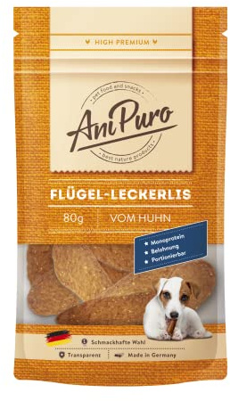 AniPuro 80g Flügel-Leckerlis vom Huhn, Belohnungssnack, hochwertig und getreidefrei, Leckerli aus nur Einer tierischen Proteinquelle, für große und kleine Hunde