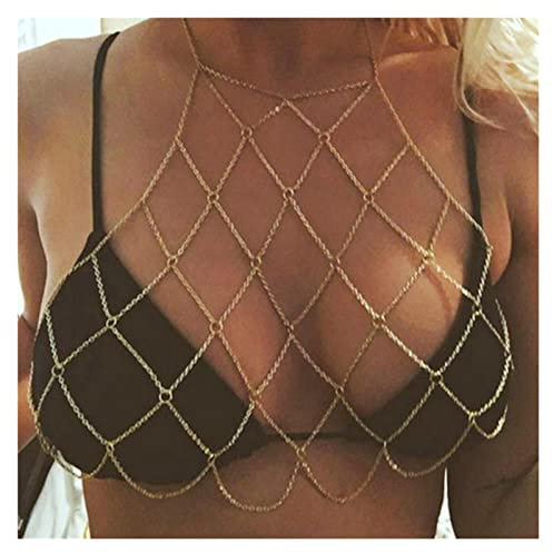 ZZSRJ Mode géométrique en Maillage corporel Chaîne Sexy Femme Show de Plage Bikini Poitrine de Poitrine de la chaîne de carrosserie de la chaîne de carrosserie (Main Stone Color : Gold)