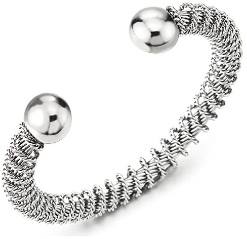COOLSTEELANDBEYOND Elastische Verstellbare-Edelstahl Magnetische-Armband Herren Damen Verdrehten Stahlkabel Armreif Farbe Silber Poliert