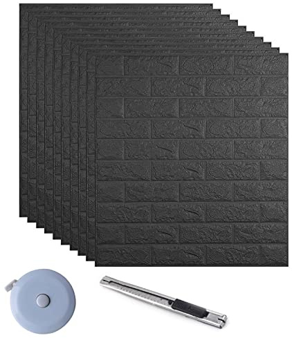 Carta da parati 3D in Mattoni,10 pezzi DIY Carta da Parati Decorativa Autoadesiva Impermeabile,Pannello Parete Decorativo Impermeabile, Wall Sticker Wallpaper per Cucina, Bagno, Salone (Nero)