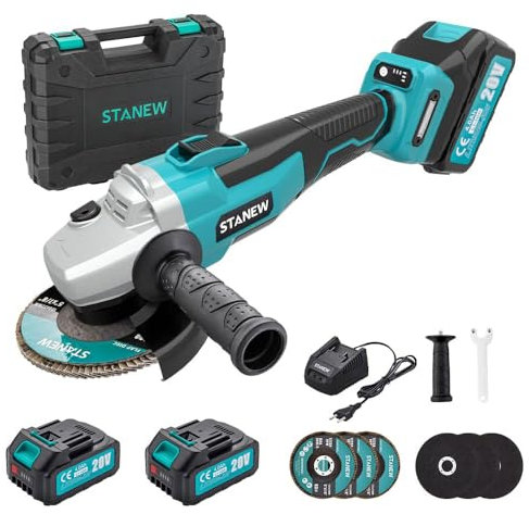 STANEW Smerigliatrice Angolare Brushless senza filo, per Taglio Lucidatura Smerigliatura Velocità a Vuoto 8500 giri/min(Disco Abrasivo: 125 mm), 20V 4000 mAh Batteria (due batterie)