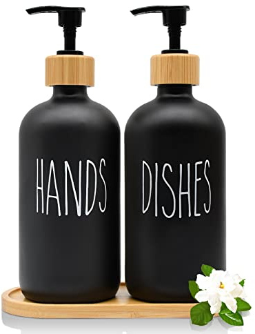 Glas Seifenspender Set, 500ml Badezimmer Schwarz Matt Handseifenspender Set mit Holz Tablett für Küche Spülmittel, Nachfüllbare Pumpspender für Küche Bad Arbeitsplatte