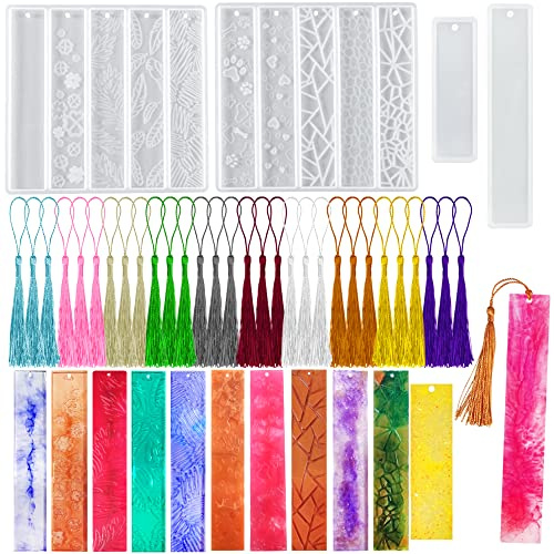 Senhai Lesezeichen-Formen aus Kunstharz, rechteckige Blätterstruktur, Blumenform, Lesezeichen-Formen für Epoxidharz (12 Stile) mit 30 bunten Quasten, 3D-DIY-Herstellung, handgefertigte Dekoration