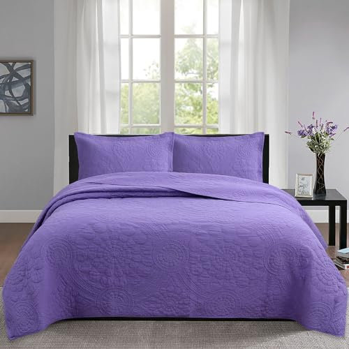 PRELGOSP Tagesdecke BettüBerwurf 240x260cm, Steppdecke Gesteppte mit 2 Kissenbezug, Wendedesign Bedspreads Aus Baumwolle,Lila