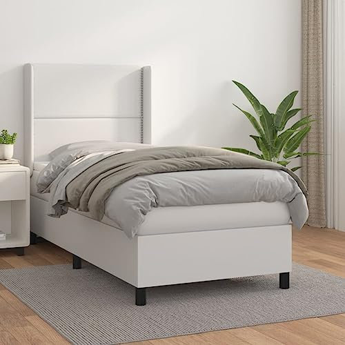 Tidyard Boxspringbett mit Matratze Polsterbett Bettgestell Jugendbett Doppelbett/Einzelbett Gästebett Schlafzimmerbett Balkenbett Bettrahmen mit Lattenrost Holzbett Bett Weiß 90x190 cm Kunstleder