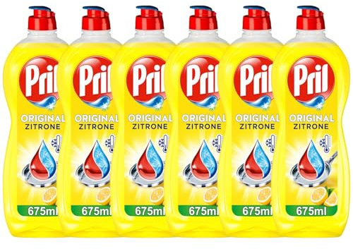 PRIL Original Zitrone (6x 675 ml), Handgeschirrspülmittel mit höchster Fettlösekraft, für sauberes Geschirr auch in kaltem Wasser, frischer Zitronenduft
