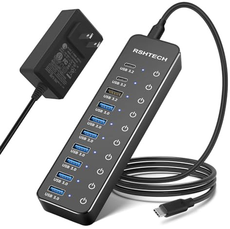 Powered USB Hub, RSHTECH 10-Port USB 3.2/USB C Hub 60W with 10Gbps USB-A 3.2, 2 USB-C 3.2, 7 USB 3.0 Ports, Individual Touch Switches and 3.3ft Cable, Hybrid USB Splitter for Laptop/PC, RSH-ST10C