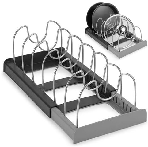 SWRCEYJH Porta Coperchi Pentole Allungabile in ABS, per padelle espandibili, per cassetti, con 7 scomparti regolabili per coperchi, padelle, organizer da cucina
