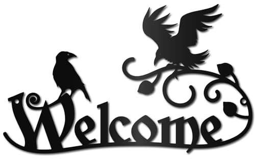CREATCABIN Décoration Murale de Bienvenue en Métal Noir Corbeau sur Branche-Décoration Murale à Suspendre-Panneau de Bienvenue pour Porte D'Entrée,Porche,Salon,Maison,Extérieur,Jardin-30x18cm