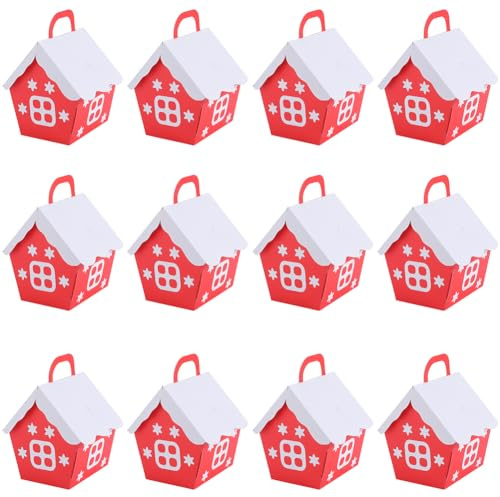 SOFPLATE 12 Stück 3D Haus Geschenkbox Kleine frohe weihnachtenboxen Rote Hausform Mit Griff Papierverpackungsboxen Für Feiertagsleckereien Zum Verpacken von Geschenken Süßigkeiten Keksen Cupcakes Gebu