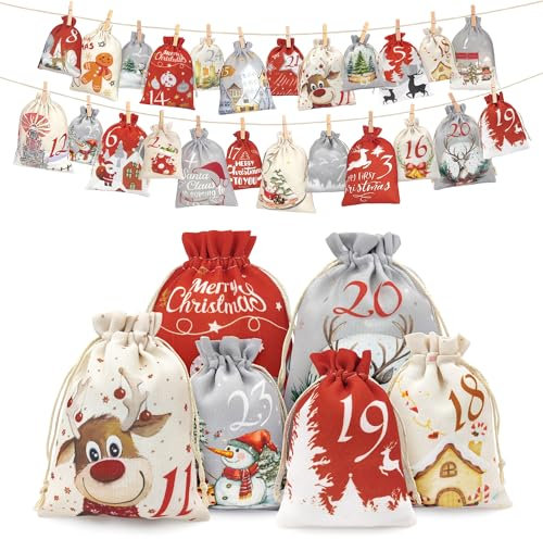 YMIFEEY Adventskalender zum Befüllen, 24 Adventskalender Säckchen Selber Befüllen, 2 Größen Weihnachtskalender zum Befüllen Groß & Klein Adventskalender Stoffbeutel Tüten für Kinder Frauen Männer