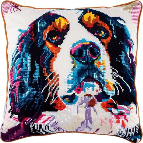 RKFLGEW DIY knüpfen set erwachsene Farbiger Hund knüpfkissen set Graffiti-TiereKnüpfhaken-Sets für Anfänger，handgefertigte Handarbeiten，DIY-Wurfkissen，Kunsthandwerk，Heimdekoration 43x43cm
