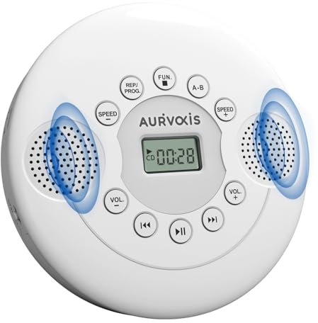 Portable CD Player with Bluetooth, Dual Speakers Mini Boombox, Rich Sound Quality, Easy Bluetooth Connectivity, Rechargeable, Anti-Skip, AUX Cable for Car & Home Headphone Aurivoxis TravelTone (white)