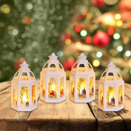 Weihnachtsdeko Laterne, 4 Stück Weihnachtslaterne mit LED Licht LED Flammenlose Weihnachtskerzen Beleuchtete Windlicht Weihnachten Deko Batteriebetrieben Weihnachtslaterne für Innen Außen