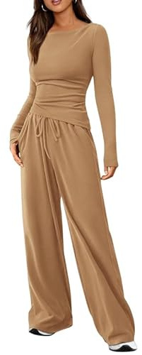 Haibang Tvådelad dam höst bomull lounge set smal passform joggingdräkt träningsoverall mysig hemmadräkt loungewear Y2K outfit asymmetrisk fåll långärmad skjorta och dragsko bred ben långa byxor set,