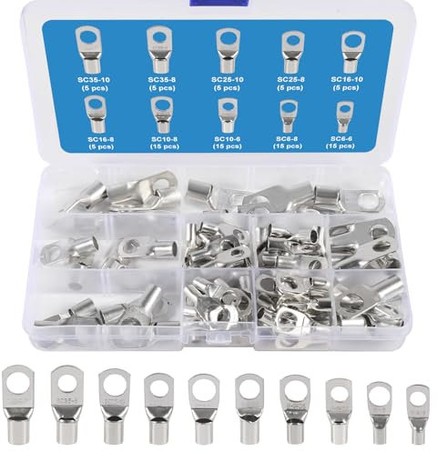90Pcs Assorted Heavy Duty Wire Lugs Battery Cable Tinned Copper Eyelets Tubular SC Ring Terminals Connectors with Spy Hole Ends Crimp Assorted Kit