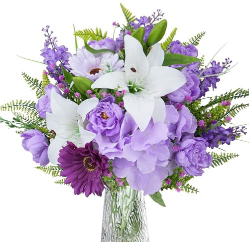 Fairblo Künstliche Blume Lila Blumenstrauß Kunstblumen Pfingstrose Lilie Hyazinthe Schleierkraut mit Künstliche Grünpflanzen Blumenarrangements Deko für Vase Zuhause Hochzeit Tischdeko
