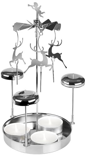BRUBAKER Lichter Glockenspiel aus Metall - Karussell Kerzenhalter mit Rentieren inkl. 3 Teelichter - Drehende Tischpyramide - Kerzenständer Teelichtkarussell für Weihnachten als Tischdeko - Silber