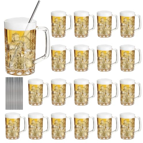SENONAPO 20 Pcs Plastic Beer Mugs with Handles and 20 Stainless Steel Straws, Large Drinking Cups Reusable Clear Beer Stein Glasses Bulk for Bar, Home, and Party Beverages(16 oz)