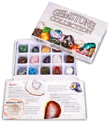 Edelstein-Sammelset - 15 echte polierte Edelsteine mit Lernheft, ID-Tabelle und Lupe - Crystal Discovery Geschenkset