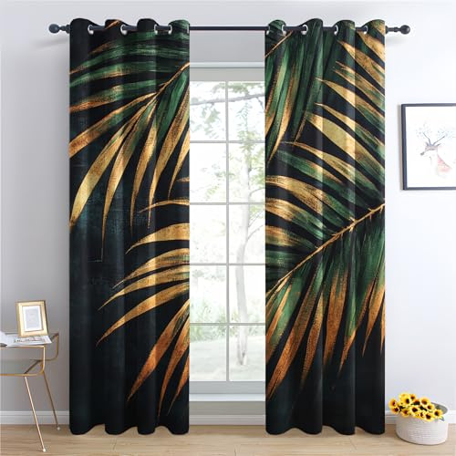 Luxfieo Palmblätter Vorhänge Grün Gold Tropische Blätter Vorhang Blickdicht Gardinen 200cm Lang Verdunklungsvorhänge mit Ösen Thermovorhang für Wohnzimmer Schlafzimmer Fenster Deko 2er Set U#349