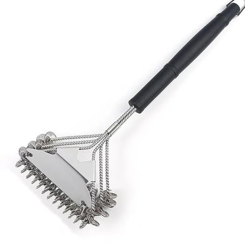 LHLXZQ Spazzola per Barbecue, Spazzola per la Pulizia Della Griglia con 3 File Setole a Spirale Metallica e Raschietto, Accessori per BBQ per Pulire Barbecue a Gas, Griglia a Carbonella, Elettrica