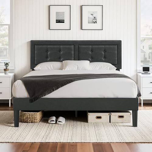 VECELO Polsterbett 140 x 200 cm, Doppelbett mit Höhenverstellbarem Kopfteil, Bett Bettrahmen mit Lattenrost, Gepolstertes Bettgestell Jugendbett für Schlafzimmer Gästezimmer, Dunkelgrau