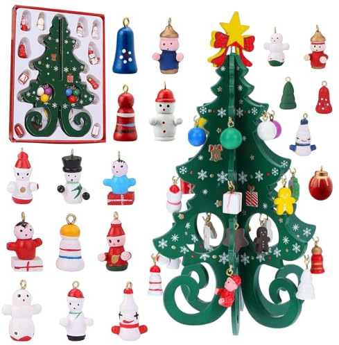 CHUANFU Calendrier de L'Avent 2025 Mini Sapin de Noël en Bois avec 25 Ornements, Compte à Rebours de 24 Jours Arbre de Noël Artificiel en Bois, Décoration de Table, pour Enfants Cadeau