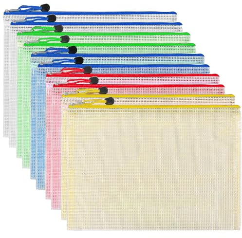 Pochette Document Zippée A6,Pochette Zippée 5 Couleurs PVC Transparentes Document Dossier,Mesh Zipper Pouch pour Voyage,pour Bureau,Voyage, Fournitures(10PCS)