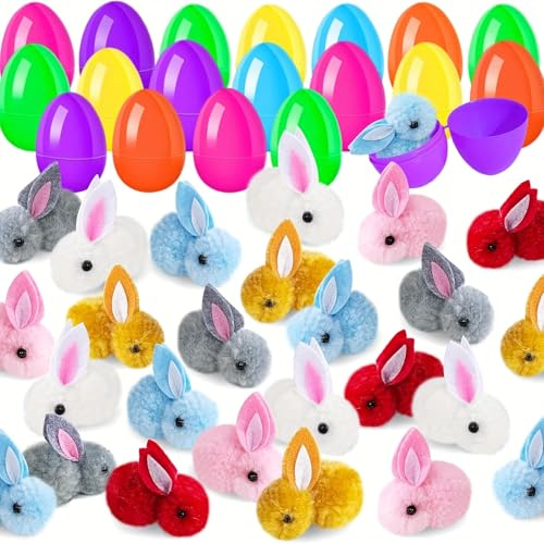 Amyang 12Pack Easter Eggs Prefilled with Plush Bunny Easter Basket Egg Hunt Stuffers,Filled Easter Eggs Fillers toys for Easter Party Favors, Easter Egg Pinata Fillers,Goodie Bags Fillers
