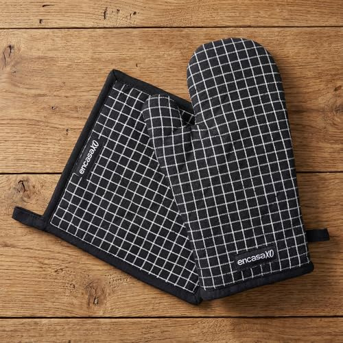 Encasa XO Heat Resistant 100% Cotton Oven Glove & Potholder Set with Loop, Kitchen Cooking Mittens, Microwave Safe Hot Pads - Butcher Checks Black, 18x30 cm, (Pack of 2)
