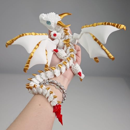 3D Printed Dragon Toys with Eyes, 3d printed dragon large, Winged Dragon, Bendable and Flexible Big Fidget (White-Gold)