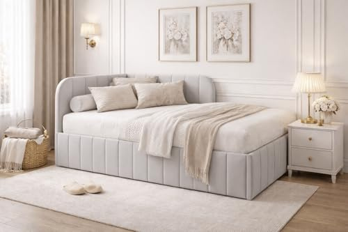 MOEBELPAKET.de Bett Mario 120x200 cm, Metallrahmen, Oeko-Tex, Grau, Links | Betten Mario, Polsterbett, Jugendbett mit Bettkasten, Eleganter Riviera-Stoff