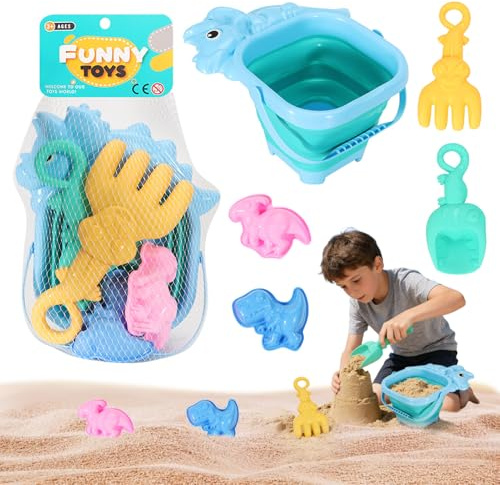 Yarteim Sandspielzeug Strandspielzeug Kinder, 5 PCS Sandkasten Strand Spielzeug Kinder mit Faltbarer Eimer, Sandförmchen, Schaufel, Rechen, Gartenspielzeug ab 2 3 4 5 Jahre Mädchen Junge
