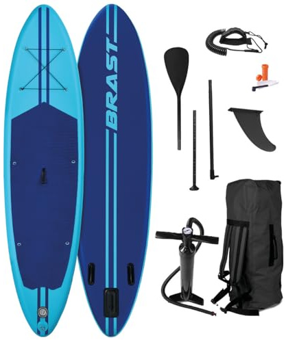 BRAST SUP Board Primo | Aufblasbares Stand up Paddle Set | 320x81x15cm | 4 Designs | inkl. Zubehör | Alu Paddel Fußschlaufe Hub-Pumpe Reparatur-Kit | Blau