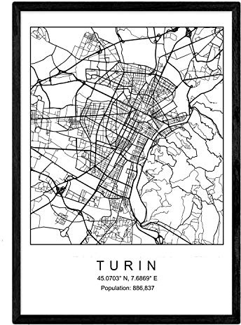 Nacnic Art Print Mappa della città di Torino in stile nordico in bianco e nero. Poster formato A3 Incorniciato con Cornice Nera Carta Stampata 250 gr.