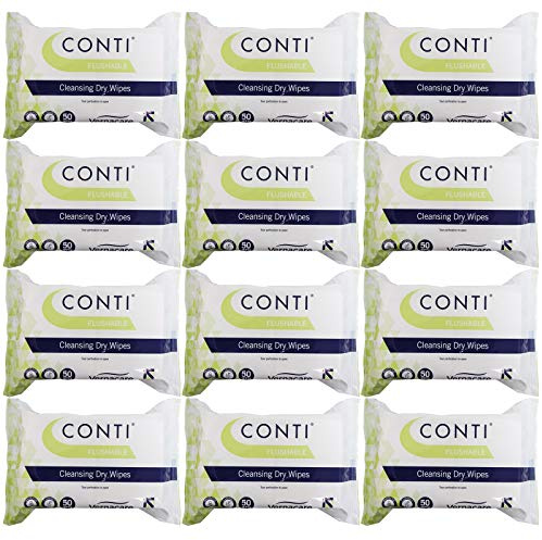 Conti Flushable - Patient Cleansing Dry Wipes, Maceratable Highly Dispersible Full Body Wash Cloths, Wipe Size 33cm x 22cm, 50 Wipes Per Pack - 12 Pack