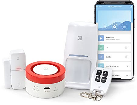 Garza Smart - Kit Sistema de Alarma Inteligente Wifi para el hogar, Sirena 120 dB, Sensor Movimiento y Apertura de Puertas/Ventanas, Alarma sin cuotas, Wifi 2,4 GHz, Control remoto a través de app