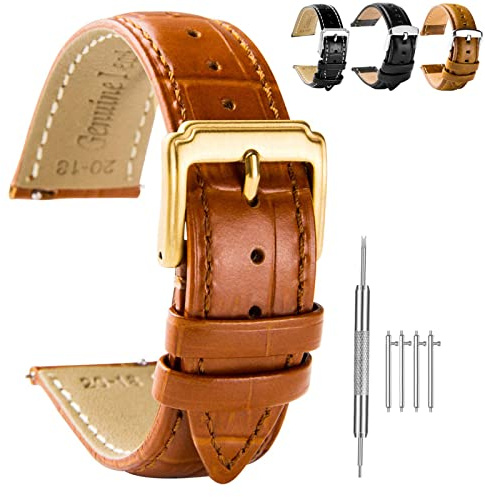 Spolife Leather Watch Straps for Men, Genuine Leather Replacement Bands, Stainless Steel Buckle, Quick Release Replacement Watchbands 16mm 18mm 19mm 20mm 22mm (with Watchstrap Pins,Repair Tool)