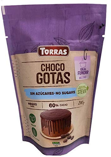 Torras Stevia Schoko Drops, 60% Kakaogehalt, Schokoladen Drops ohne Zuckerzusatz, Aromapack 200g