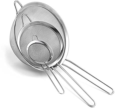 Sieve/Strainer (Pack of 3) | 8cm, 12cm & 18cm | Marine-Grade Stainless Steel | Finest Mesh | Temperature-Proof | No Sharp Edges | Anti-Corrosive | Bend-Proof