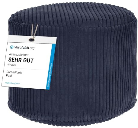DreamRoots Cord Pouf Hocker rund 50x50x35 cm, Blueberry Pie | Runder Bodenstuhl, Sitzkissen Boden, 380 g/m², für Wohnzimmer, Schlafzimmer & Homeoffice, waschbar, Fußhocker