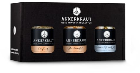 Ankerkraut Heftig-Deftig-Box, mit Auflauf Gewürz, Pommes Frites Salz, Bratkartoffel Gewürz, im Korkenglas