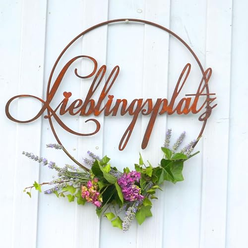 Rostschild Lieblingsplatz im Ring Türkranz Metall in Rostoptik - 52cm x 40cm zum Hängen