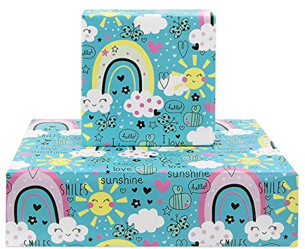 Geluode Födelsedags omslagspapper för flickor barn pojkar, jag älskar solsken regnbåge design presentpapper för födelsedag baby shower barnens dag, 4 ark vikta platt 50 x 70 cm per ark